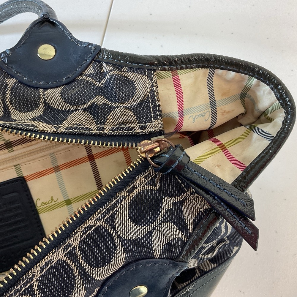Vtg Coach black Navy canvas patent leather tote shop beach  travel shoulder bag‎ - Picture 7 of 12
